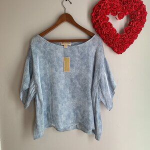 Michael Michael Kors Petite XL Petal-Print Short-Sleeve Silky Top PXL Chambray